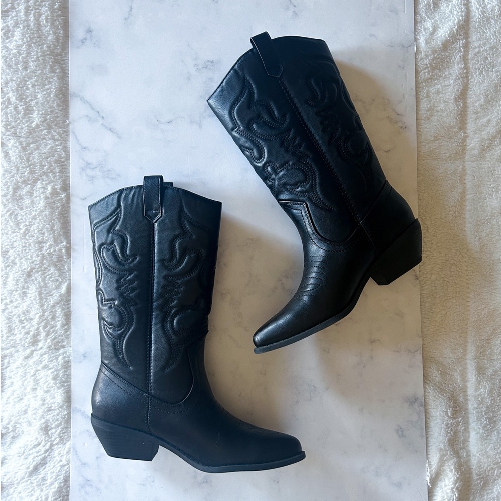 Sweet Black Western Faux Leather Tall Boots Sz 8.5